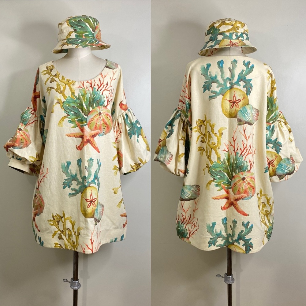EXQUISITE CORAL SEA DRESS WITH PUFF SLEEVES & MATCHING BUCKET HAT LINEN/COTTON